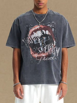 Graphic print washed cotton tee in dark gray with a distressed look and bold graphic.