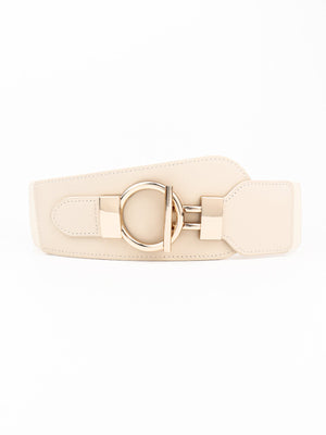 Cream sculpted waist belt with gold hardware buckle