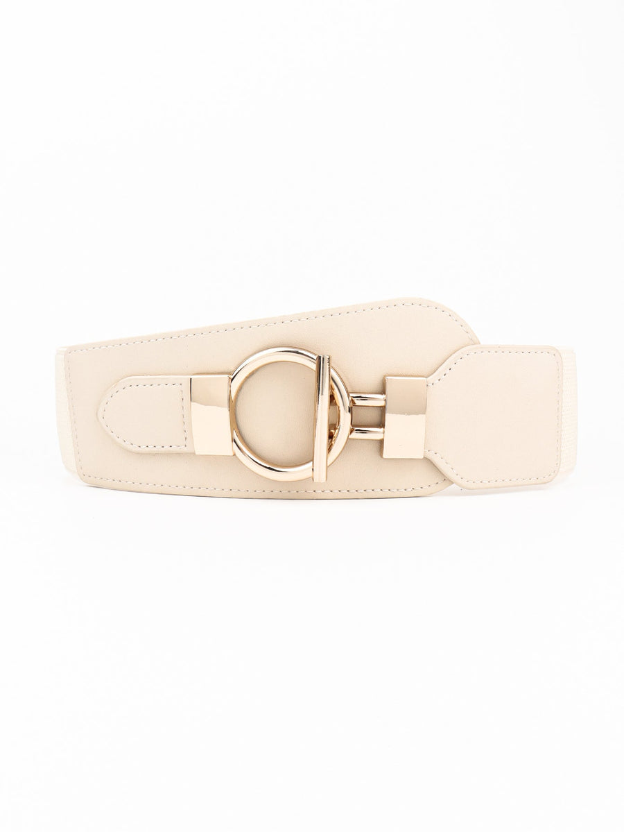 Cream sculpted waist belt with gold hardware buckle