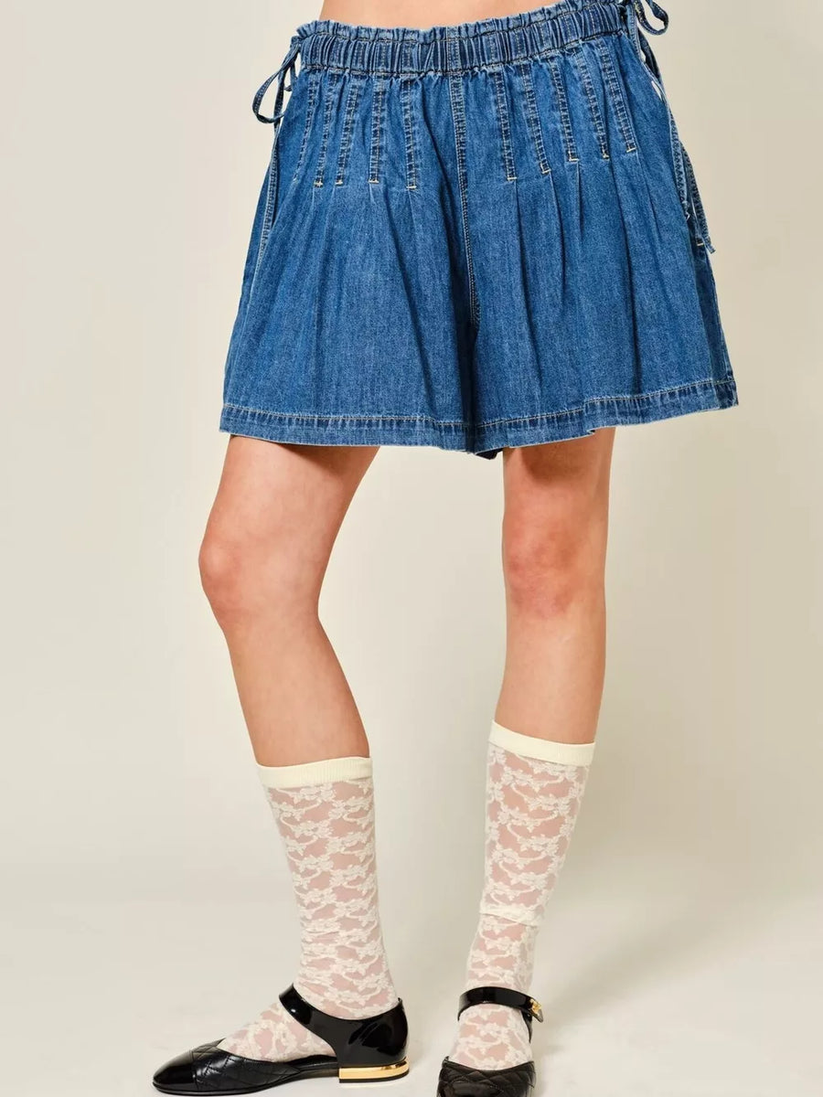 Dark blue denim-effect shorts with ruched elastic waist and drawstring detail