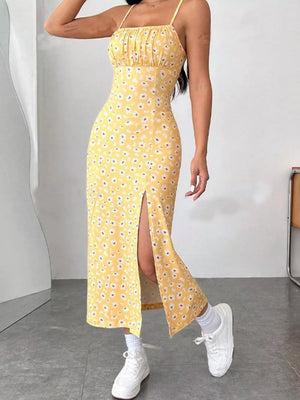 Yellow floral spaghetti strap midi dress with ruched bust and thigh slit
