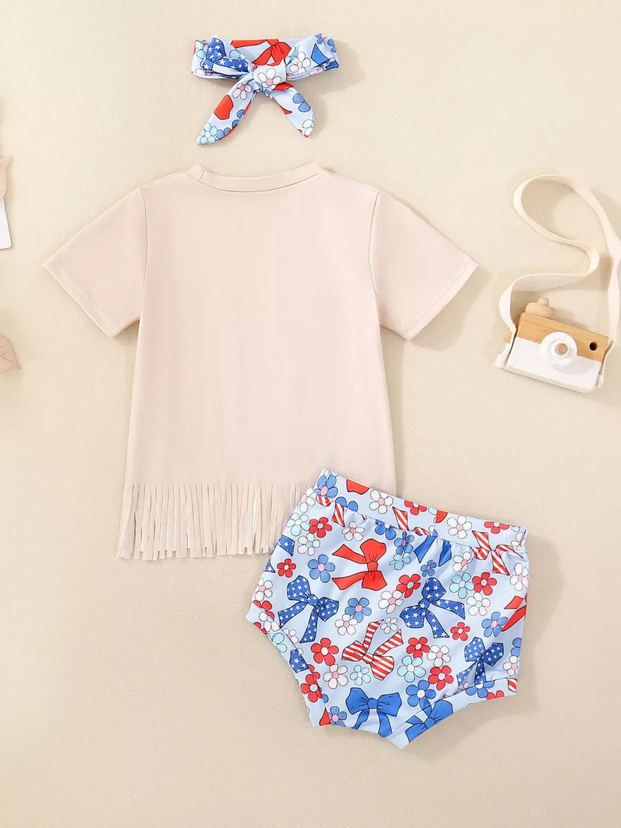 Apricot baby set with fringe hem and patriotic bow print bloomer and headband.