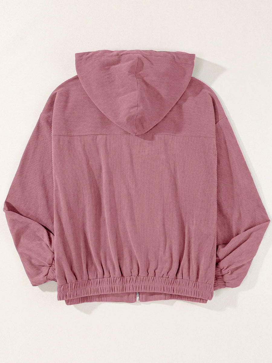 Dusty Pink corduroy relaxed fit zip-up hoodie with elastic cuffs and hem
