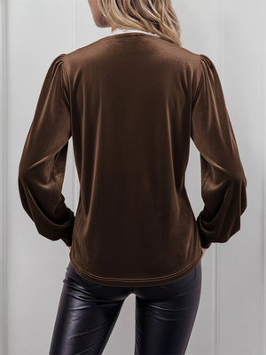 Brown velvet blouse with lace trim V-neck and puff sleeves