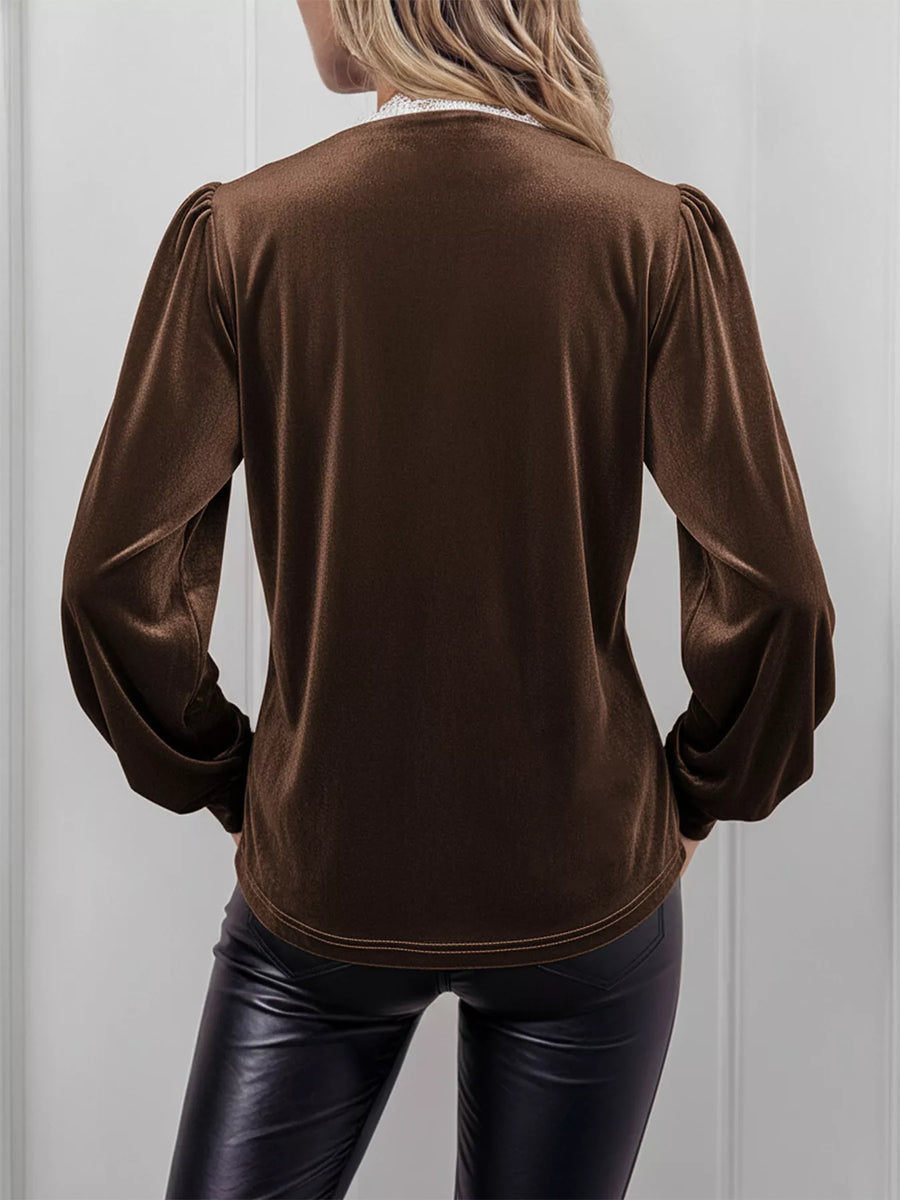 Brown velvet blouse with lace trim V-neck and puff sleeves