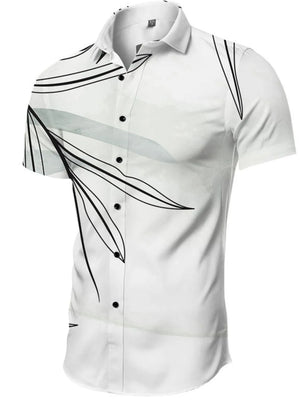 White short-sleeve resort shirt with black abstract leaf print and grey watercolor accents.