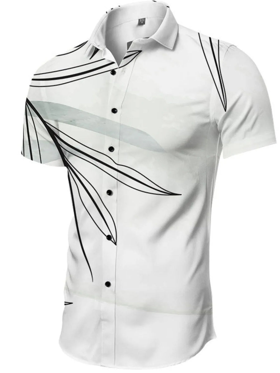 White short-sleeve resort shirt with black abstract leaf print and grey watercolor accents.