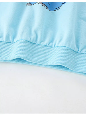 Baby blue crew neck sweatshirt with dinosaur graphic and ribbed hem.
