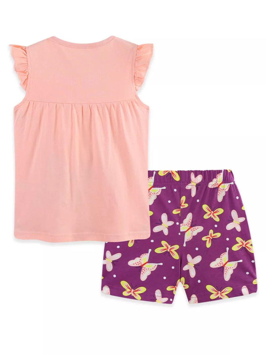 Peach ruffle sleeve cotton undershirt with purple butterfly print shorts.