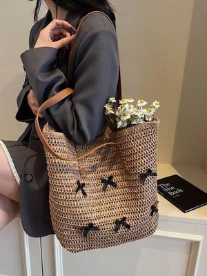Woven Straw Bow Handbag in Caramel with woven