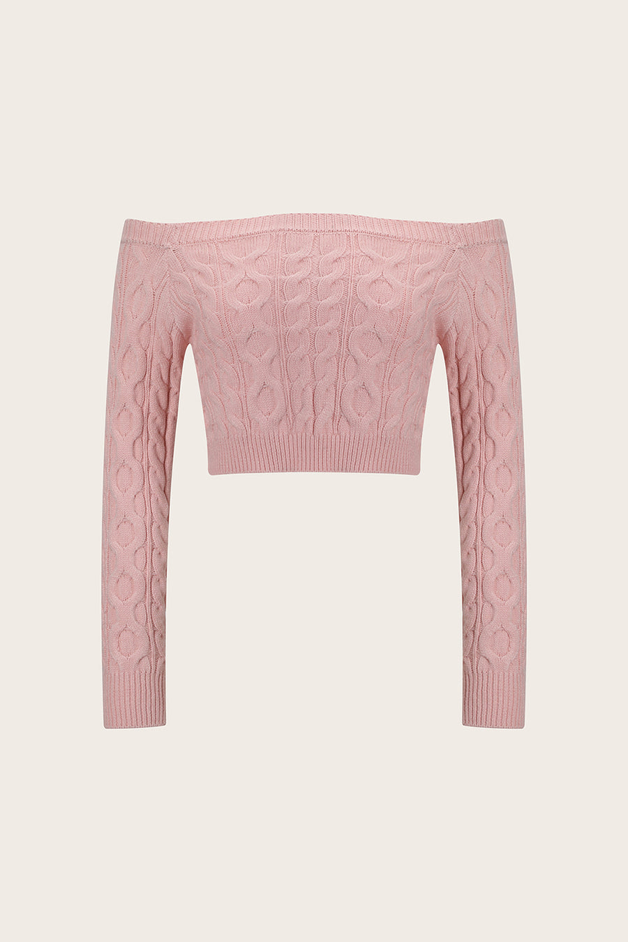Blush pink cable knit cropped off-the-shoulder sweater with long sleeves.