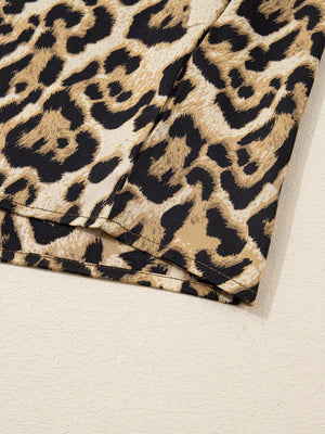 Chic leopard print two-piece set with buttoned shirt detail.