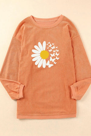 Sherbet corduroy crewneck sweatshirt with daisy and butterfly graphic