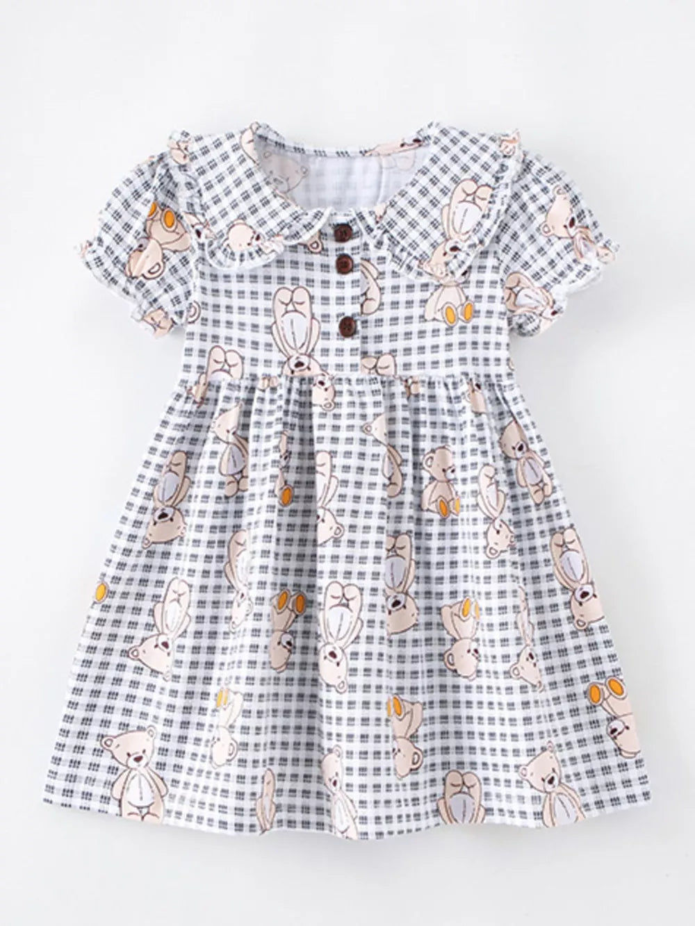 Gingham teddy bear print toddler dress with button-down collar and short sleeves.