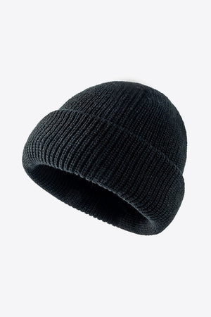 Black ribbed knit beanie with folded edge detail