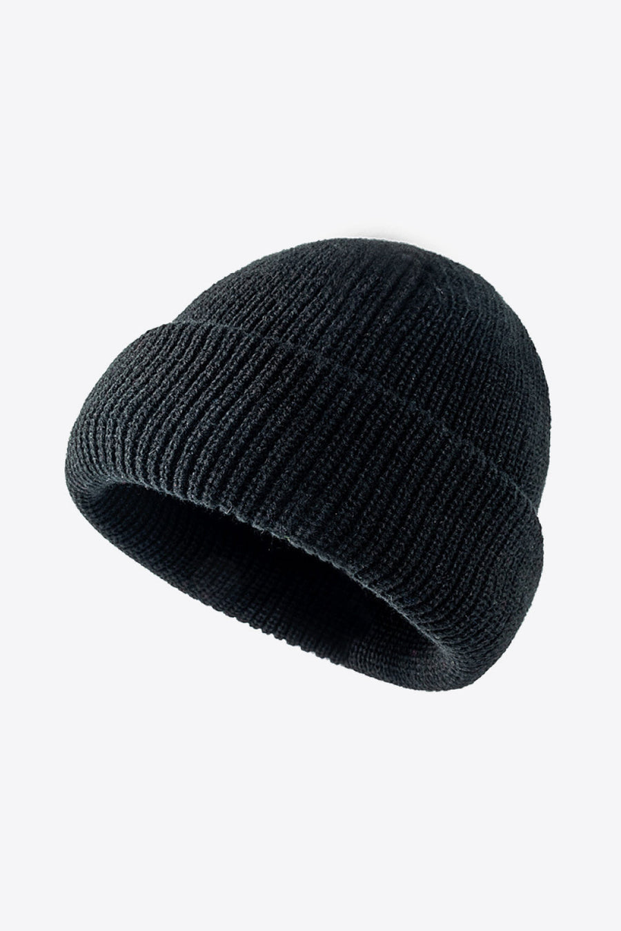Black ribbed knit beanie with folded edge detail