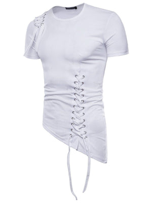 White cotton t-shirt with asymmetric hem and lace-up detail on side and shoulder.