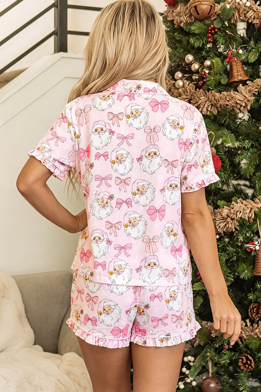 light pink pajama set with hip-length and tie