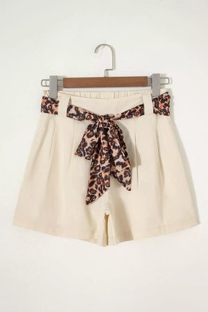 Cream paperbag waist shorts with leopard print tie and trim
