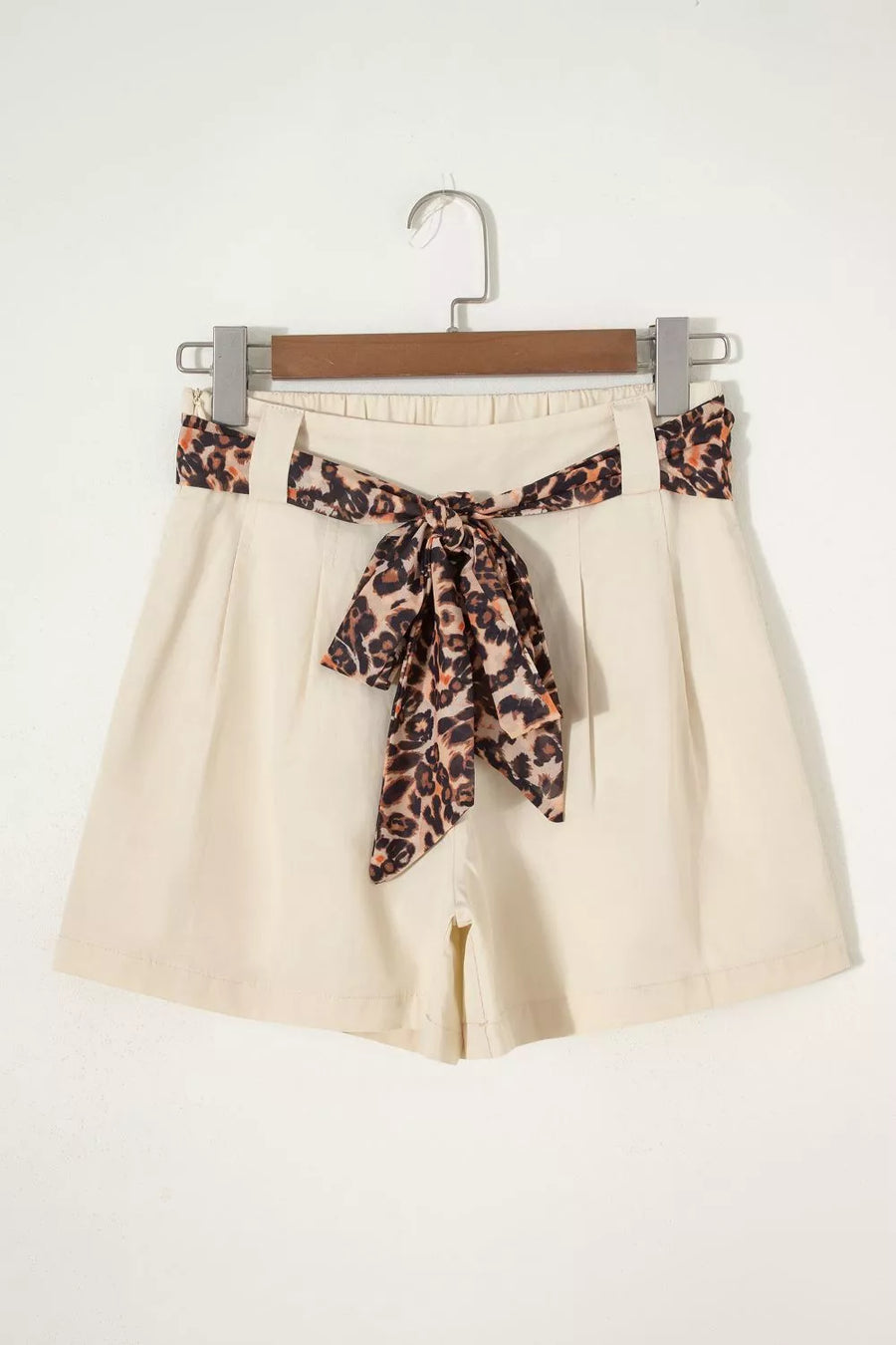 Cream paperbag waist shorts with leopard print tie and trim