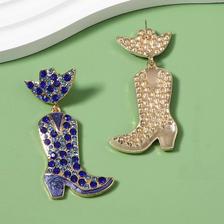 18k Gold-plated Rhinestone Cowboy Boot Earrings in royal blue with rhinestone embellishment
