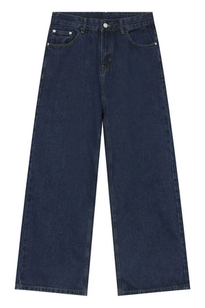 Baggy dark wash denim jeans with a wide leg silhouette and classic five-pocket styling.