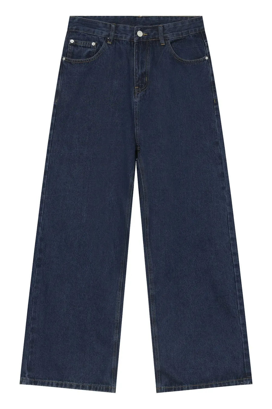 Baggy dark wash denim jeans with a wide leg silhouette and classic five-pocket styling.