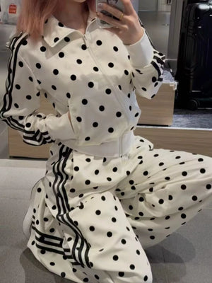 Polka Dot Zip Up Outerwear And Pants Set in Sky Blue