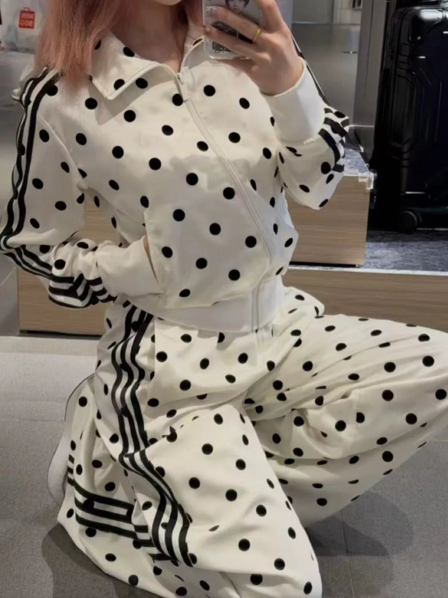 Polka Dot Zip Up Outerwear And Pants Set in Sky Blue