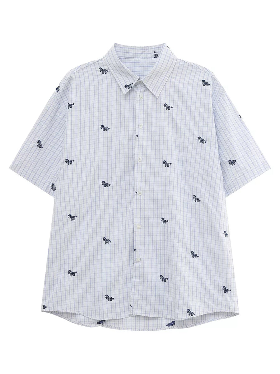White and blue plaid short sleeve button up shirt with embroidered animal motifs.