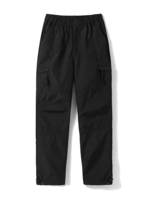 Black relaxed fit cargo pants with multiple pockets and adjustable drawstring cuffs.