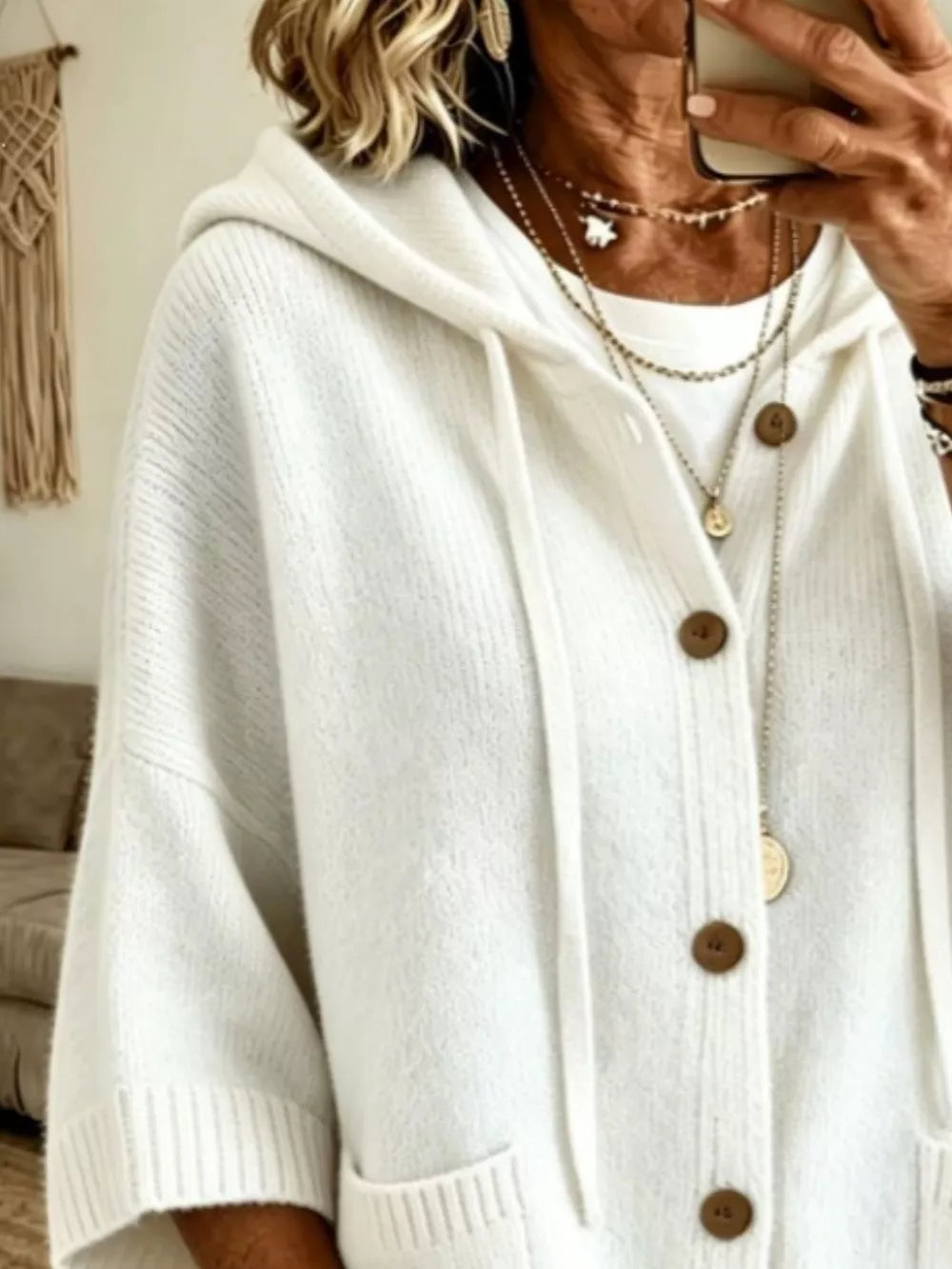 Light Blue cardigan with hip-length and button-front
