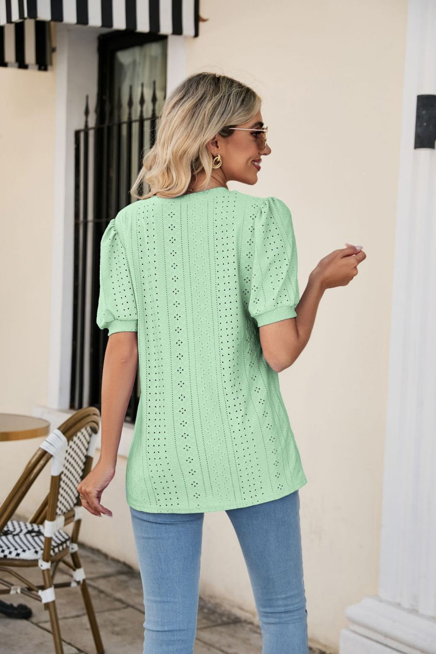 Sage perforated puff sleeve v-neck blouse with eyelet detail