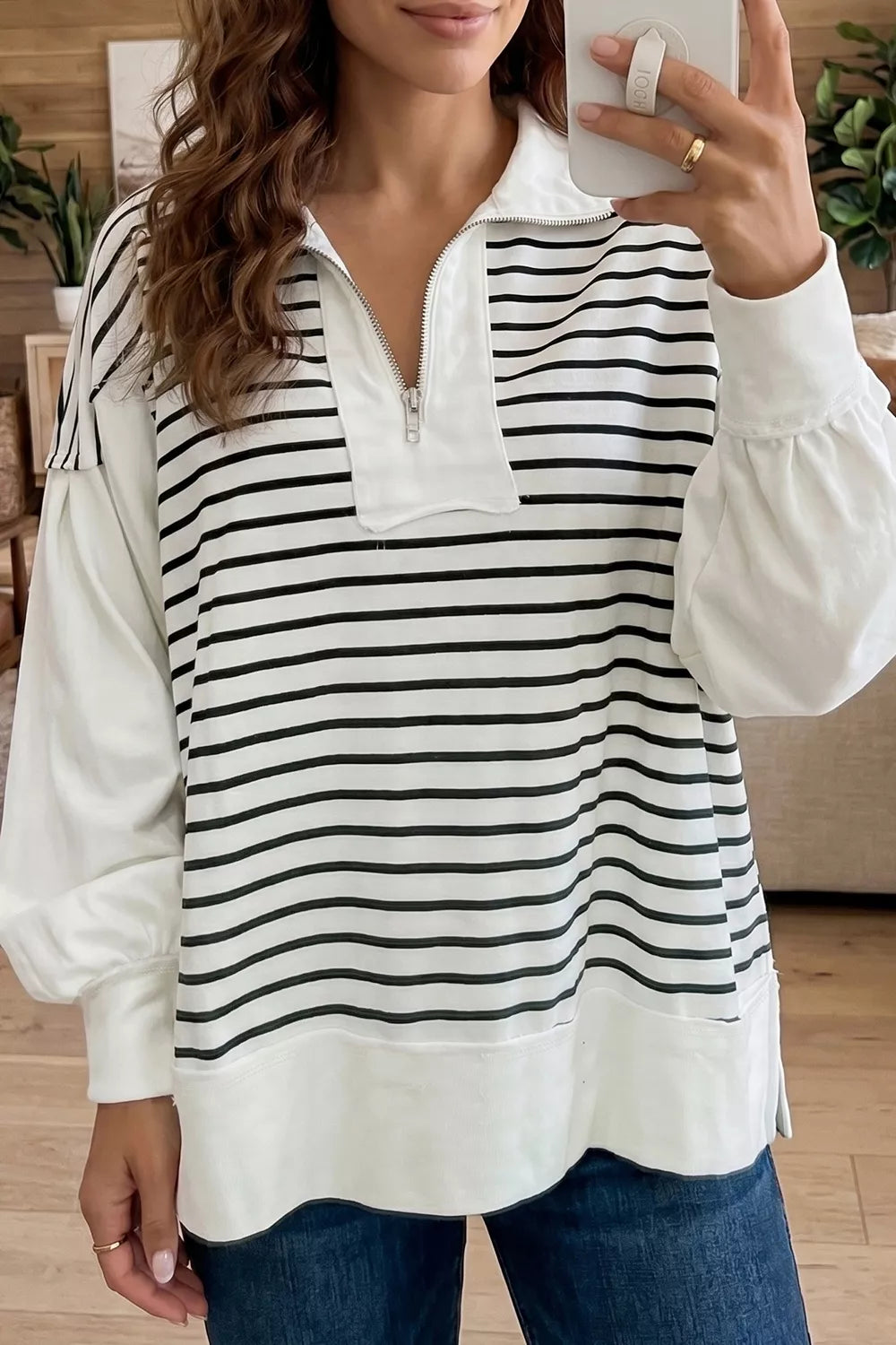 Stripe Stripe Color Block Long Puff Sleeve Zip-up Top