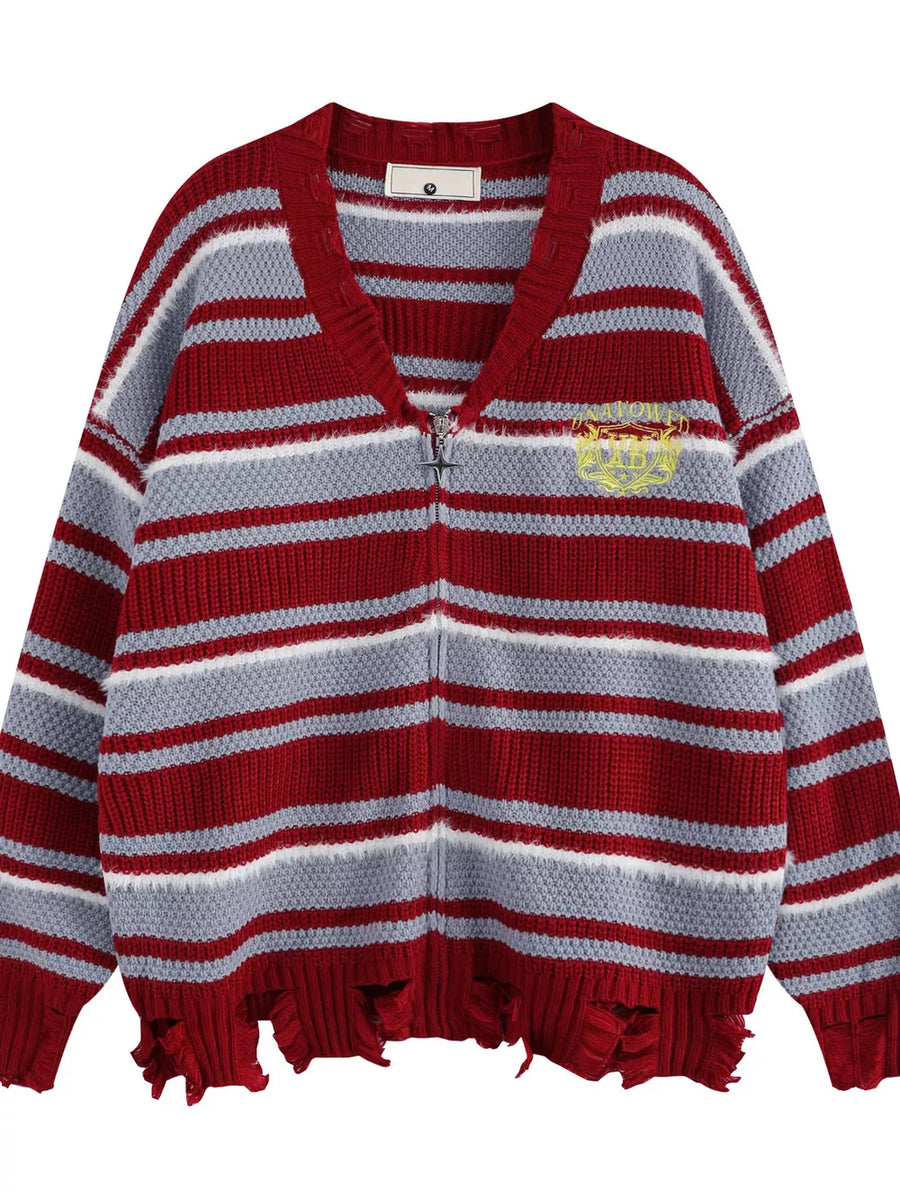 burgundy cardigan with striped and v-neck