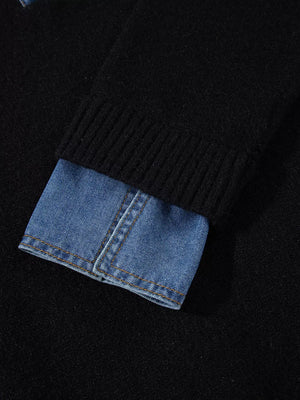 Denim Patchwork Collar Cuffed Sweater in Black with buttoned