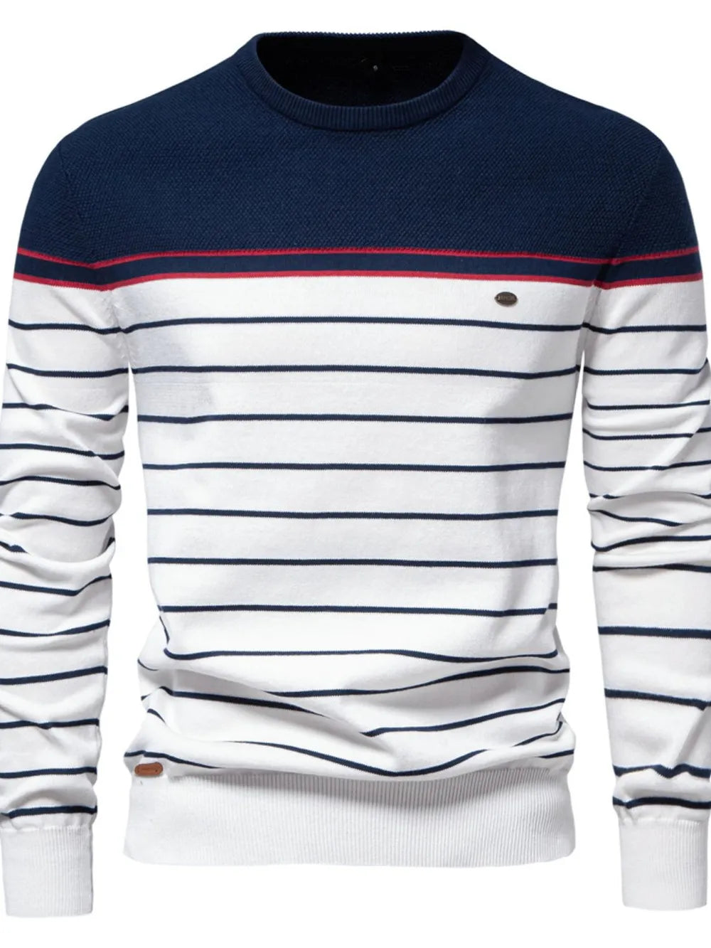 Crewneck sweater with navy and white horizontal stripes, red accent stripe, and navy block knit top.