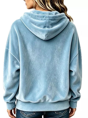 Full Size Drawstring Velvet Long Sleeve Hoodie in White with drawstring