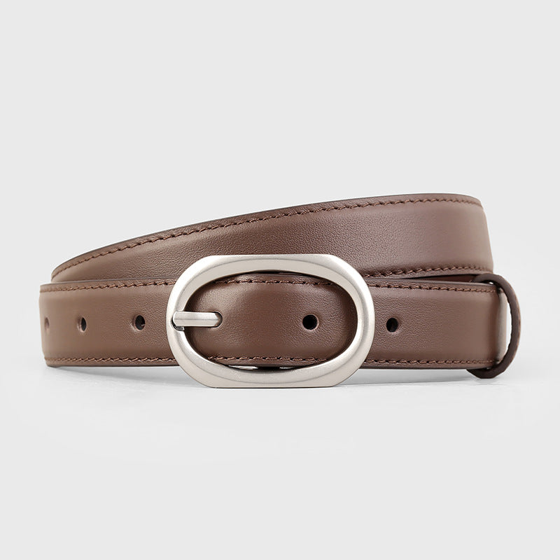 Brown leather belt with brushed silver oval buckle