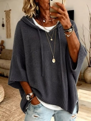 Full Size Casual Hooded Batwing Sleeve Knit Sweater in Green with hooded