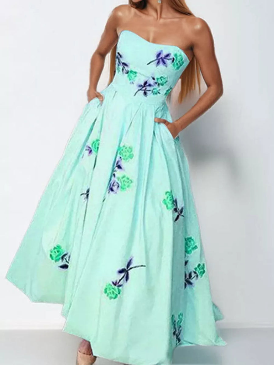 Mint blue floral print strapless maxi dress with pockets