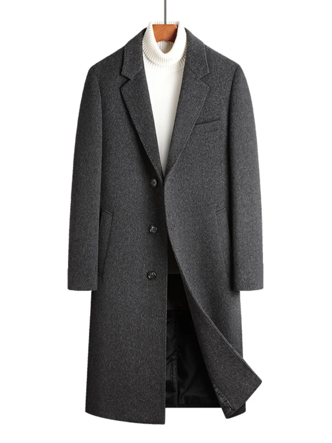 Men's dark gray longline wool buttoned overcoat with notch lapels and a classic fit.