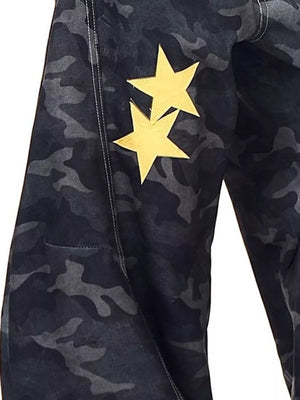 Men's baggy jeans in dark camo print with two gold star patches.