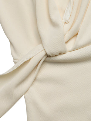 Cream knit bodysuit with a knotted surplice neckline and cap sleeves.