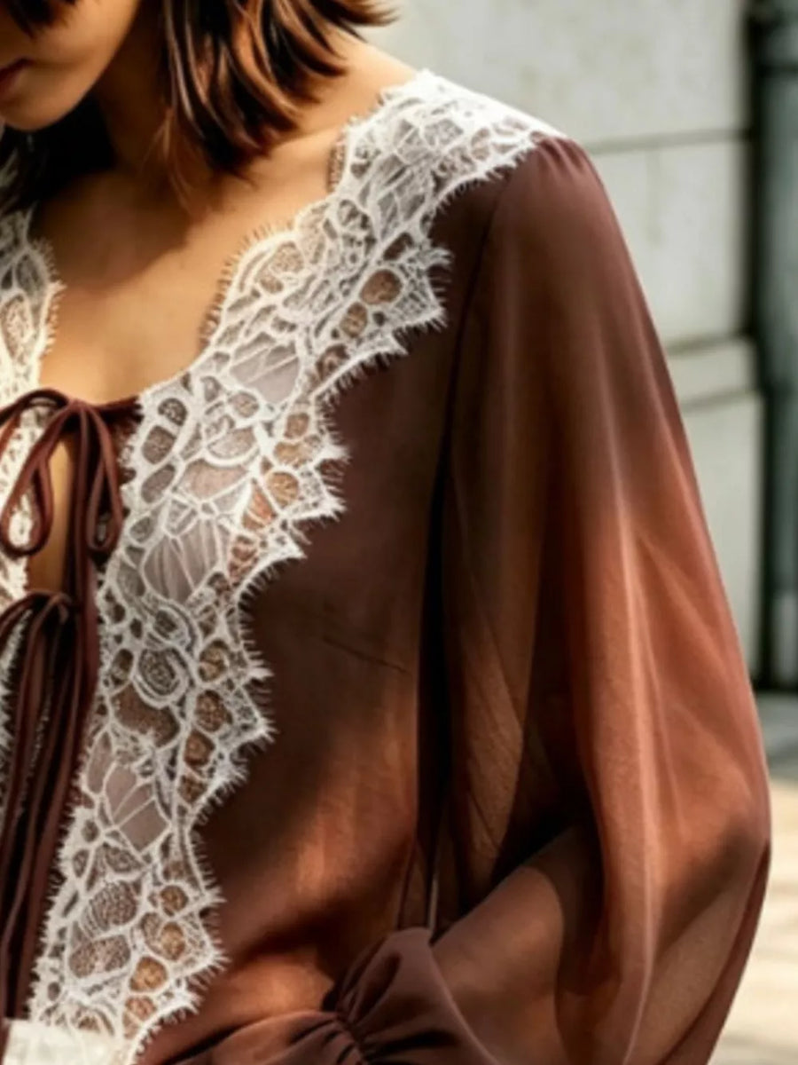 Sheer Lace-trimmed Front Tie Blouse in Yellow