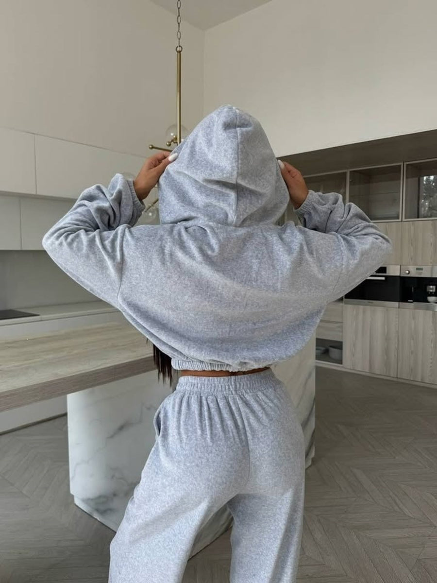 Cropped Zip-Up Hoodie And Joggers Set in Pink with hooded