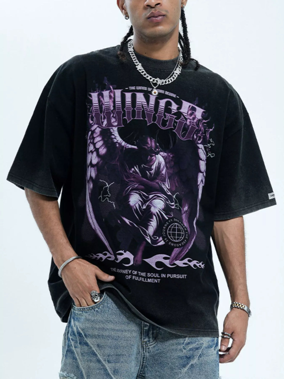 Oversized black graphic tee for men with angel and flame print, cotton blend, crew neck.