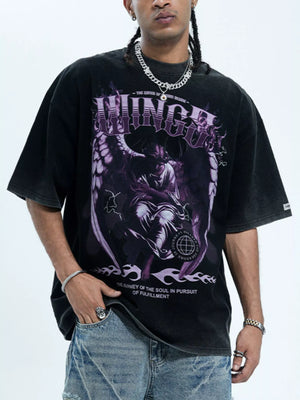 Oversized black graphic tee for men with angel and flame print, cotton blend, crew neck.