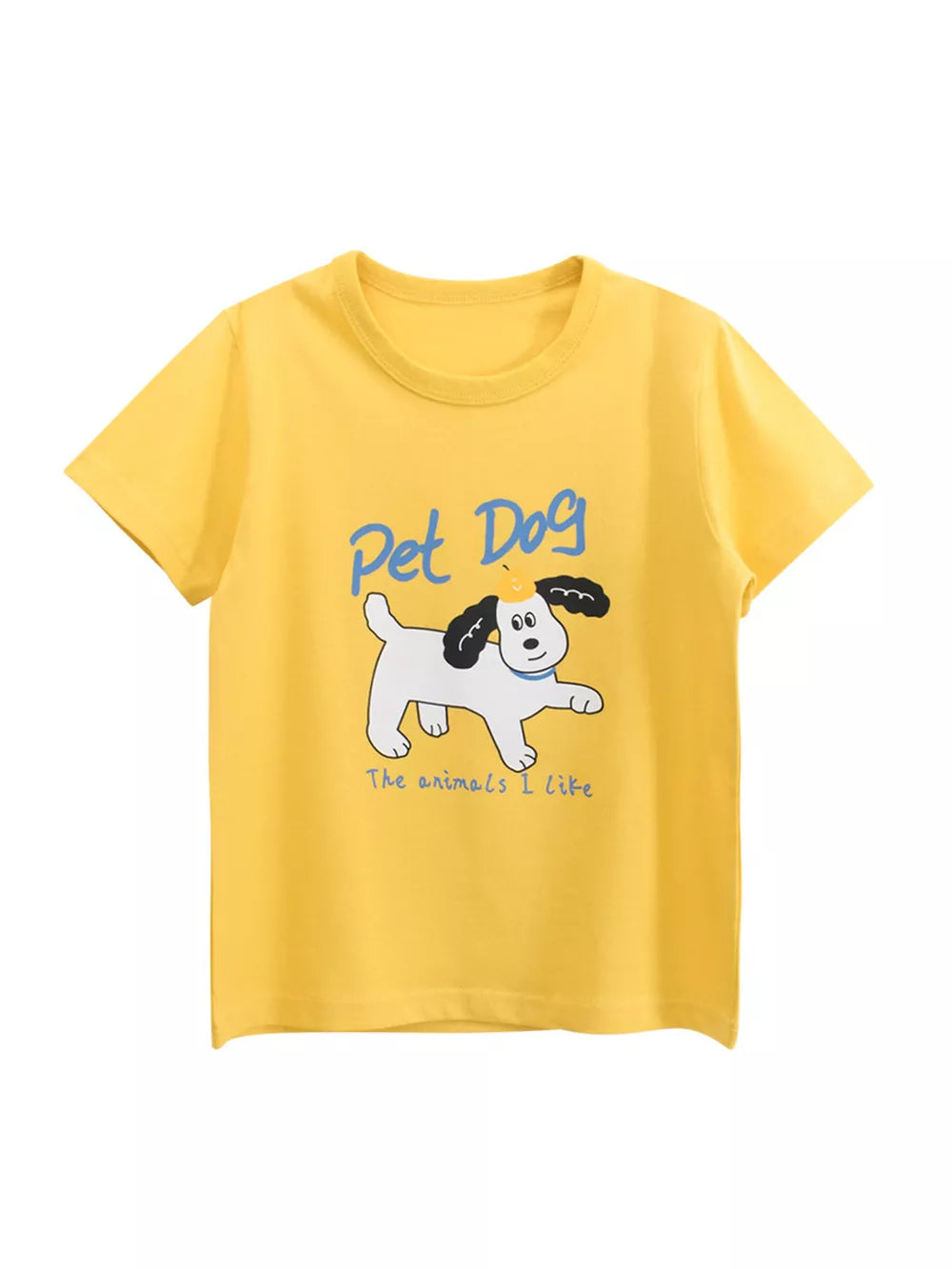 Yellow crew neck t-shirt with a cartoon dog graphic and text.
