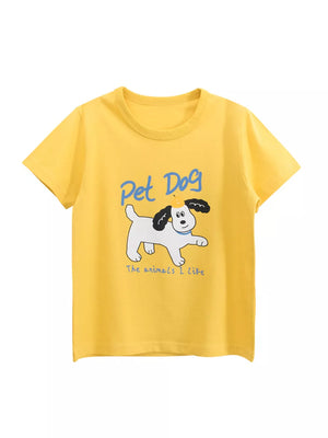 Yellow crew neck t-shirt with a cartoon dog graphic and text.